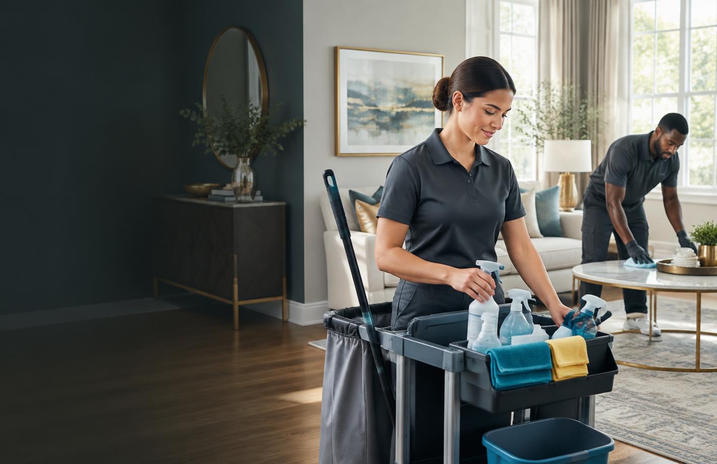 Professional cleaning team preparing an upscale home for service