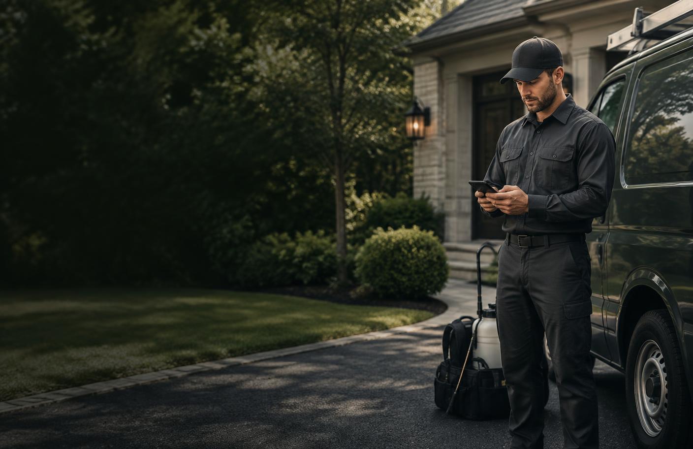 Pest-control technician reviewing service work beside a vehicle