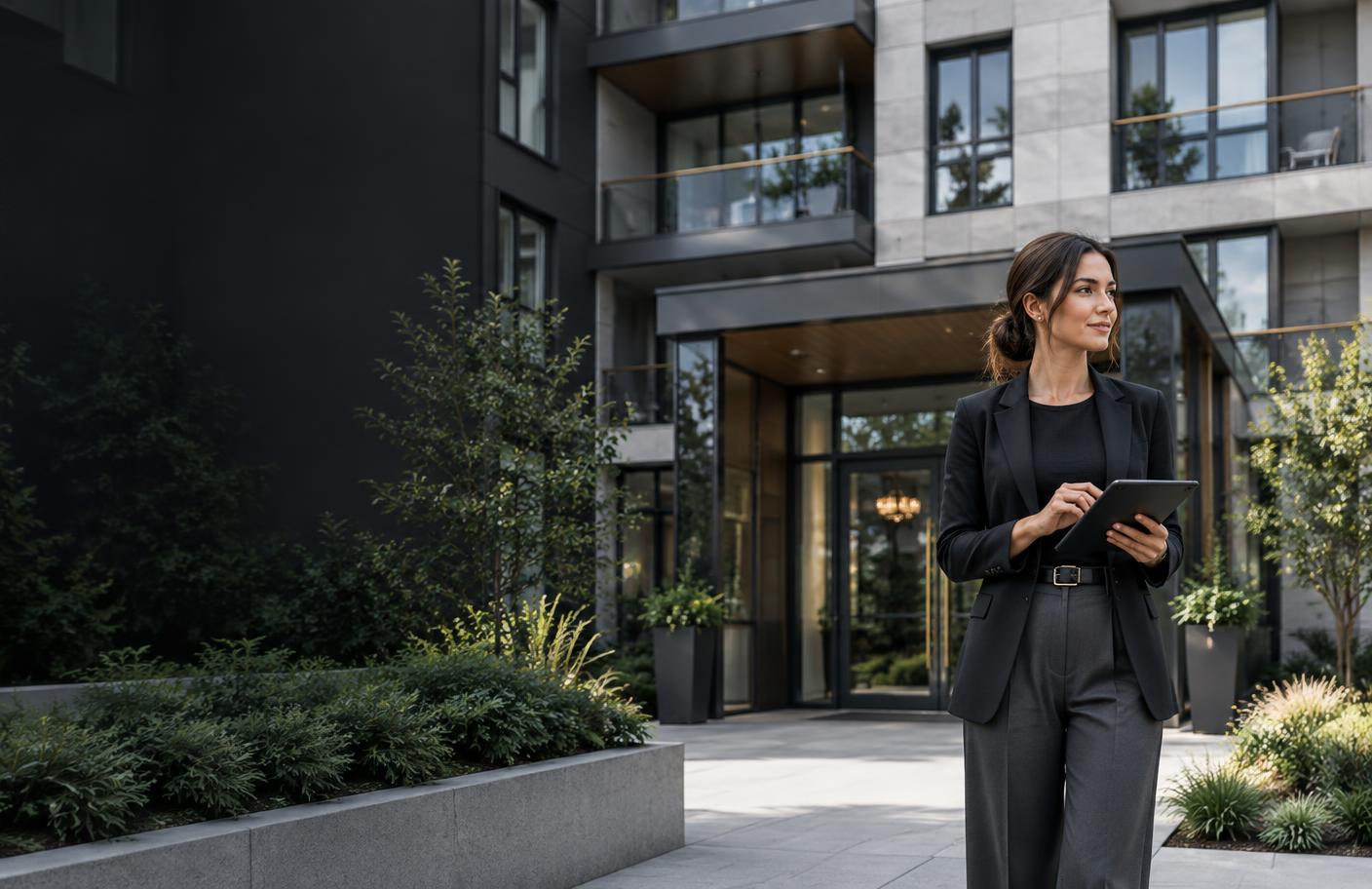 Boutique apartment building and property manager reviewing a tablet